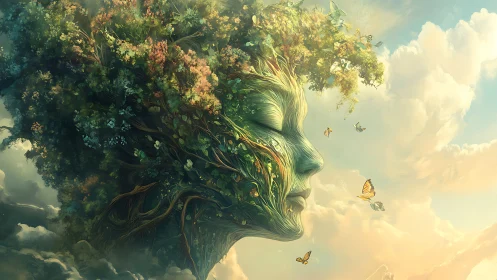 Surreal botanical portrait of Gaia-like arboreal visage in clouds.