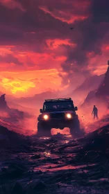 Crimson trail drive beneath stormy sunset skies.