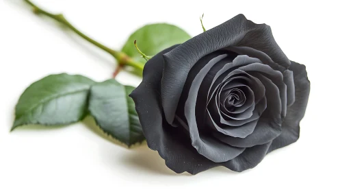 Black rose bloom displays velvety petals against soft white background.