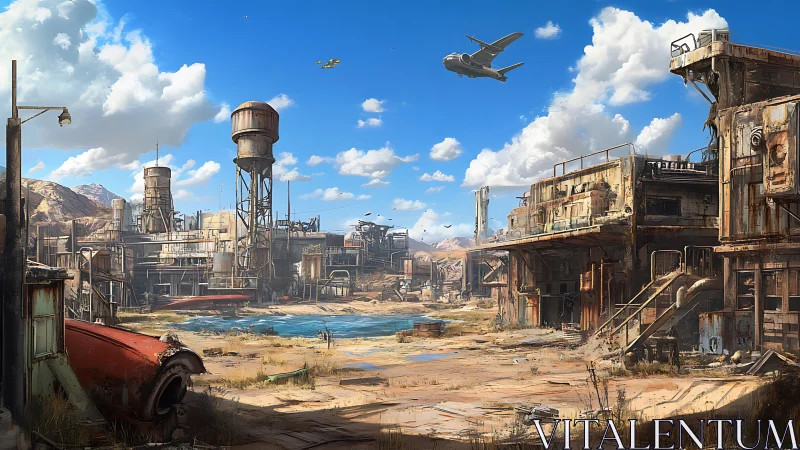 Sunlit desert outpost where rusted ruins still remember flight.