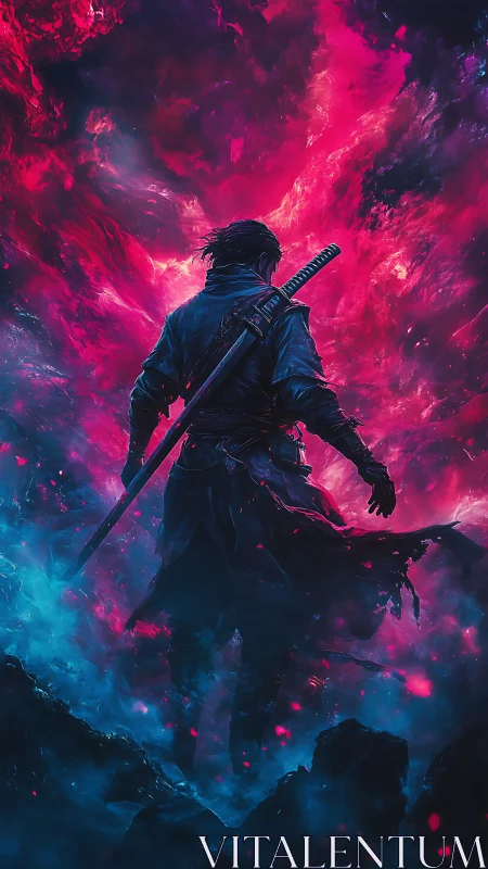 Solitary figure with sword stands before bifurcated nebula field