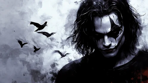 Brooding monochrome figure with crow silhouettes in flight