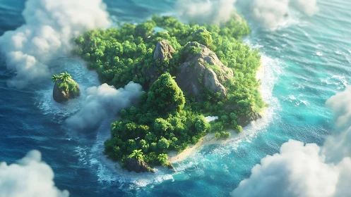 Tropical Island Surrounded by Turquoise Waters and Sculptural Rock Formations