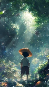 Child stands under glowing forest canopy in dappled light