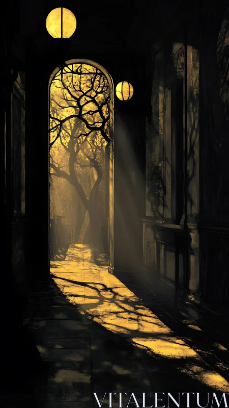 Light from doorway projects tree shadows along corridor