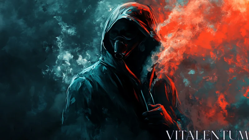 Hooded gasmask figure in dual-tone digital painting composition.