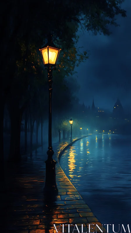 Lanterns ripple warm echoes across a rainlit midnight river.