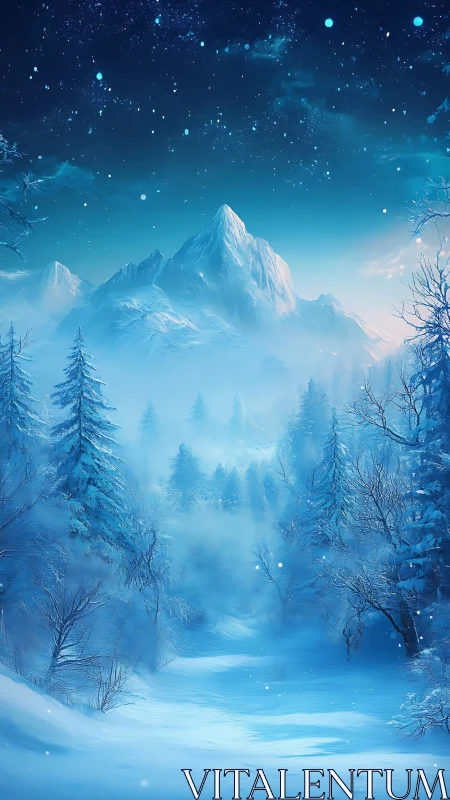 Snowy mountain valley glows under deep blue starlit sky