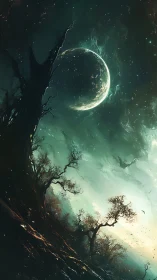 Alien moon rises above twisted forest on stormy night.