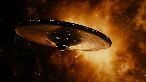 Massive saucer starship glides before blazing nebula light.