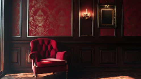 Crimson velvet throne waits in a hush of gilded silence.