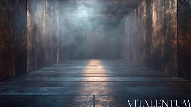 Luminous mist fills an industrial metallic corridor interior.