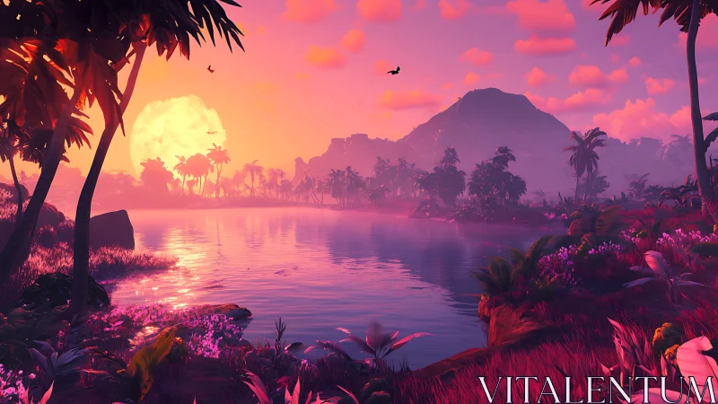 Dreamy tropical lagoon glows under a radiant neon sunset