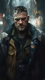 Weathered man in heavy coat in abstract urban setting.