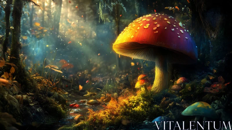Large red mushroom in dense forest with filtered light beams.