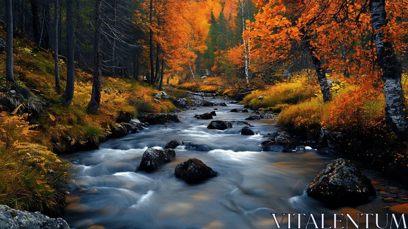 Autumn forest river with vivid foliage and flowing water.