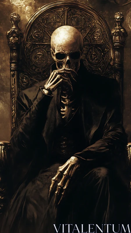 Skeletal figure in dark formal attire seated on ornate throne.