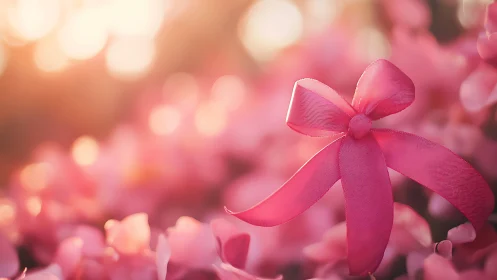 Pink Silk Ribbon Bow with Bokeh Background in Warm Lighting.