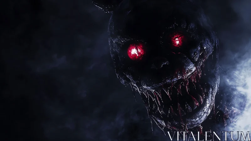 Decomposed animatronic skull with glowing red eyes in dense smoke