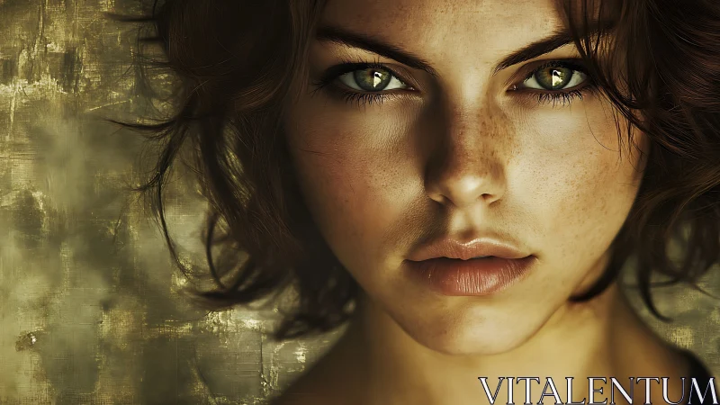 Warm hazel gaze framed by soft curls and golden light.