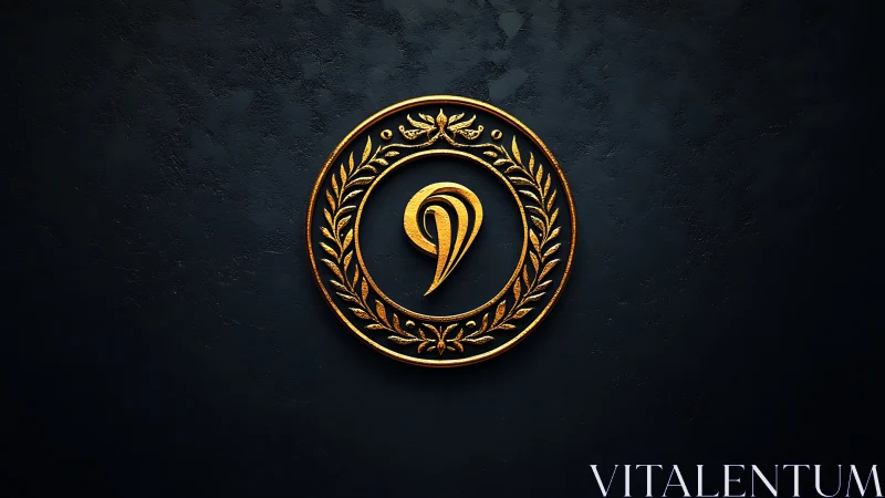 Golden laurel emblem with elegant curled symbol at center.