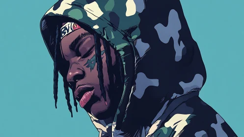 Hooded figure in camo jacket against flat teal background.