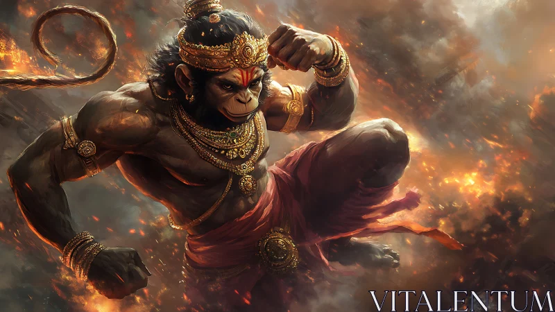 Mythic warrior monkey god charging through blazing sky.