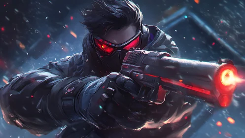 Masked cyberpunk gunman aiming glowing red weapon.