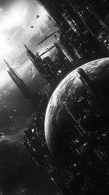 Starlit megastructures gently cradle a vivid distant world