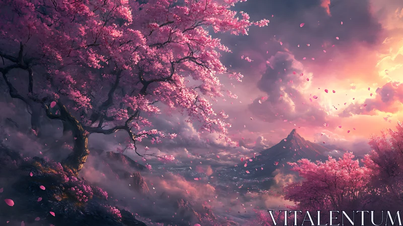 Blossoming cherry valley opens gently toward a glowing peak