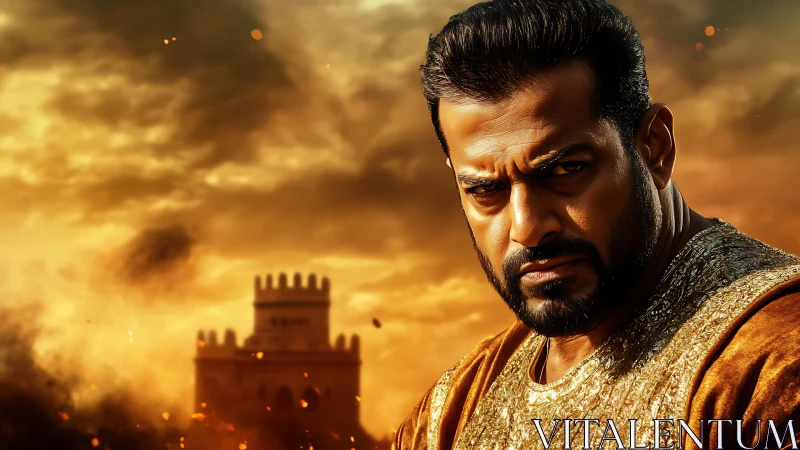 Armored warrior portrait under burning sky and distant fortress