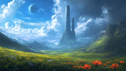 Futuristic towers rise above alien meadows under twin skies