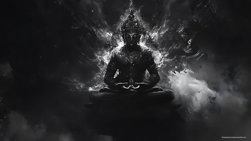 Monochrome meditative deity in swirling chiaroscuro void