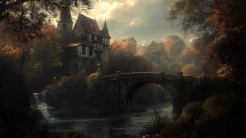 Riverside stone arch bridge below mistlit neo-gothic manor