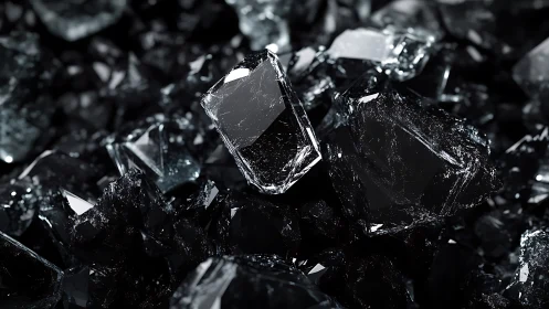 Gleaming black crystals catch soft light in a dark cluster