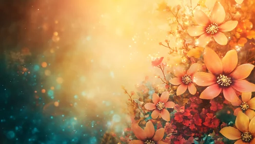 Layered floral composition with bokeh effects and warm-to-cool color gradients.