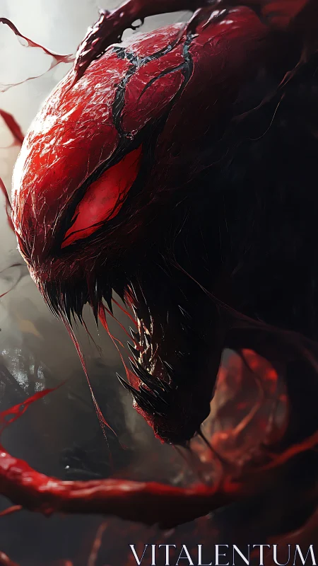 Ferocious red alien creature leans in with menacing intensity