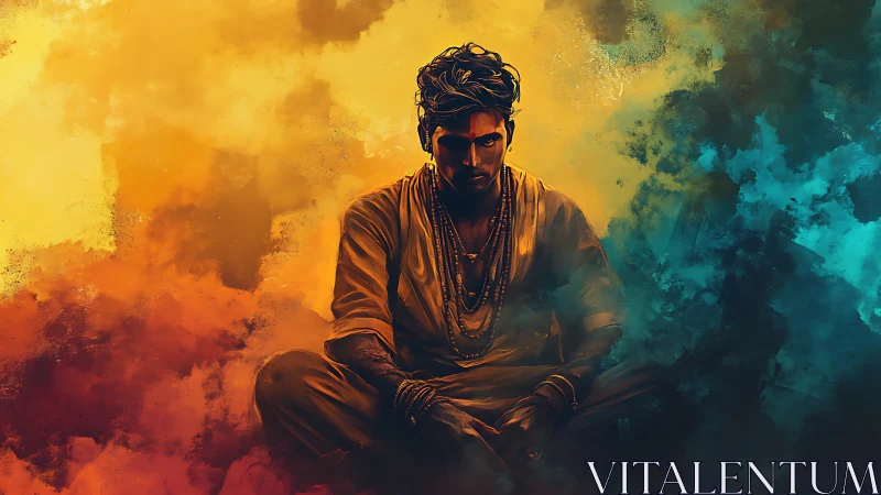 Meditative male figure in warm cyan bicolor atmospheric field