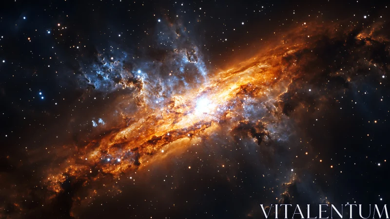 Spiral galaxy core erupts with golden star-forming clouds.