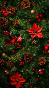 Pine foliage with cones, red baubles and poinsettia elements.