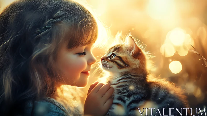 Child's Tender Moment With Kitten in Golden Sunlight