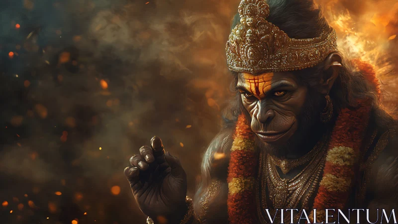 Regal monkey deity gazes through swirling sparks and smoke