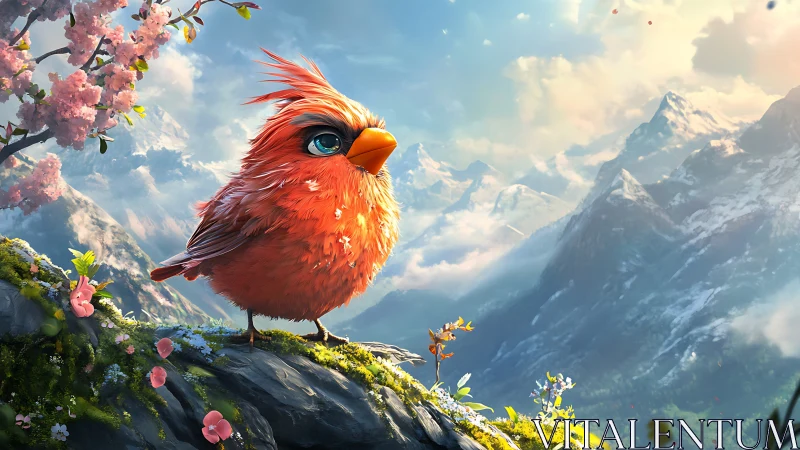 Vibrant Red Bird in Blooming Spring Mountains, Fantasy Art Style.