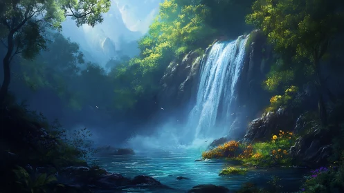 Sunlit forest waterfall over tranquil turquoise pool.
