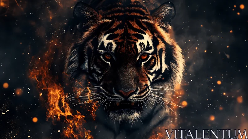 Tiger portrait with glowing embers and dark fiery backdrop.