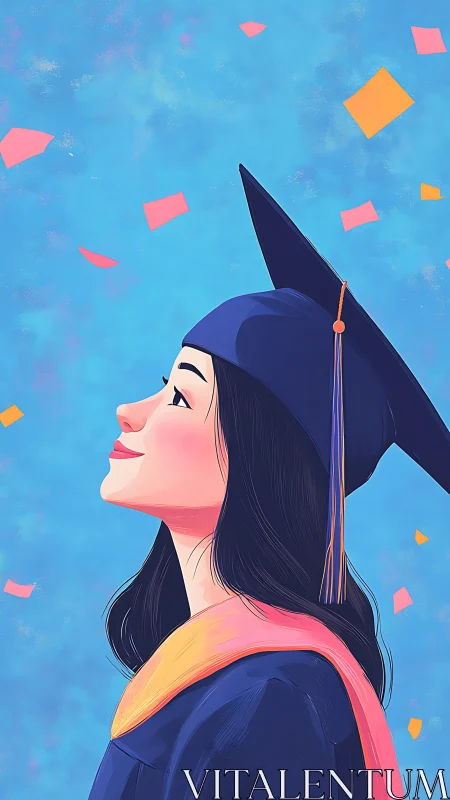 Side profile illustration shows graduate in cap and gown