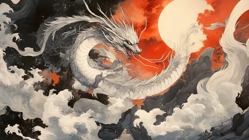 White serpentine dragon circling red sun over dark peaks.