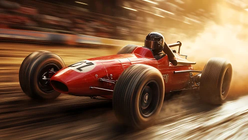 Roaring vintage race car surges through golden track dust