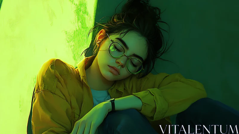 Young person resting against wall in green side lighting.