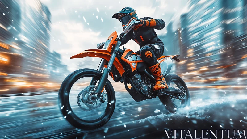 Orange dirt bike carves icy urban street at high speed.